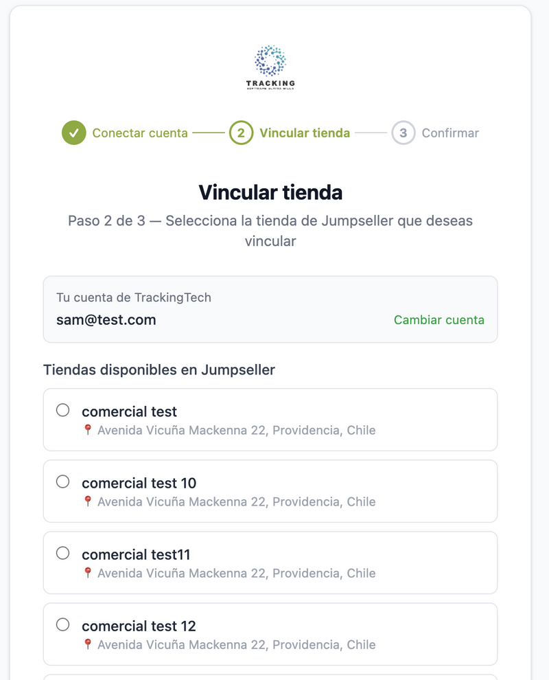 Selección de la tienda a vincular