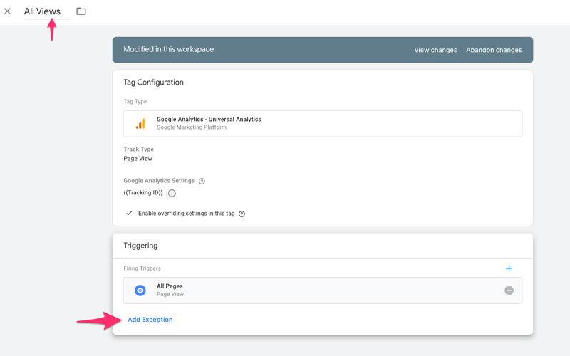 google tag manager add exception
