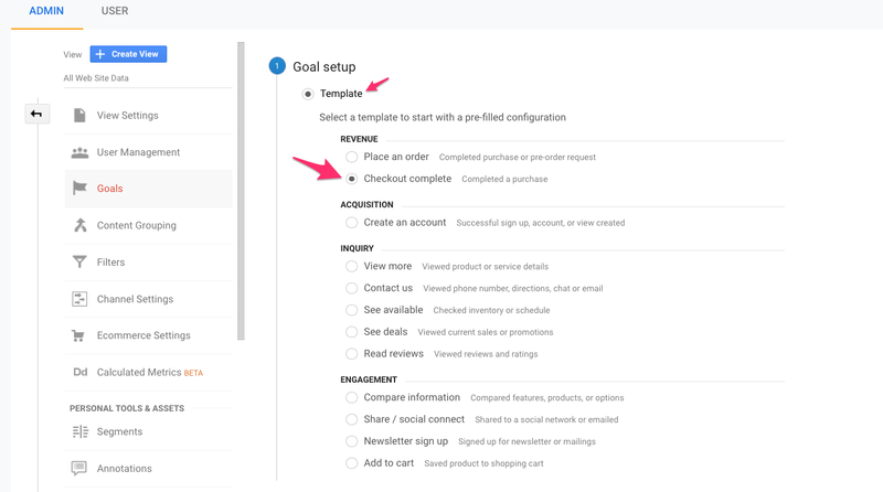 configuración de nuevo objetivo en google analytics