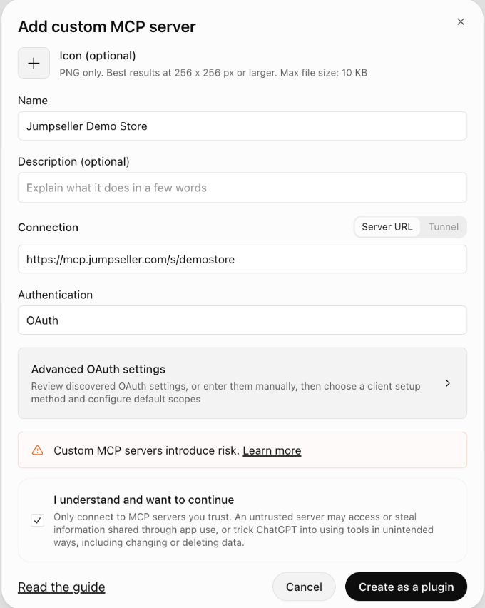 Nombre, URL del servidor y OAuth en el diálogo Add custom MCP server de ChatGPT