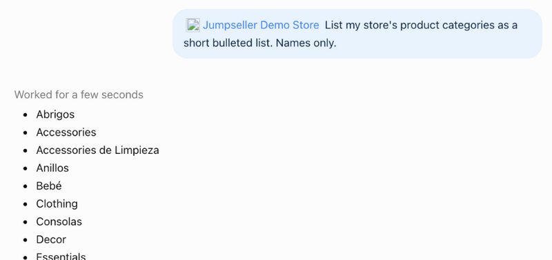 ChatGPT listando las categorías de la tienda con el plugin de Jumpseller