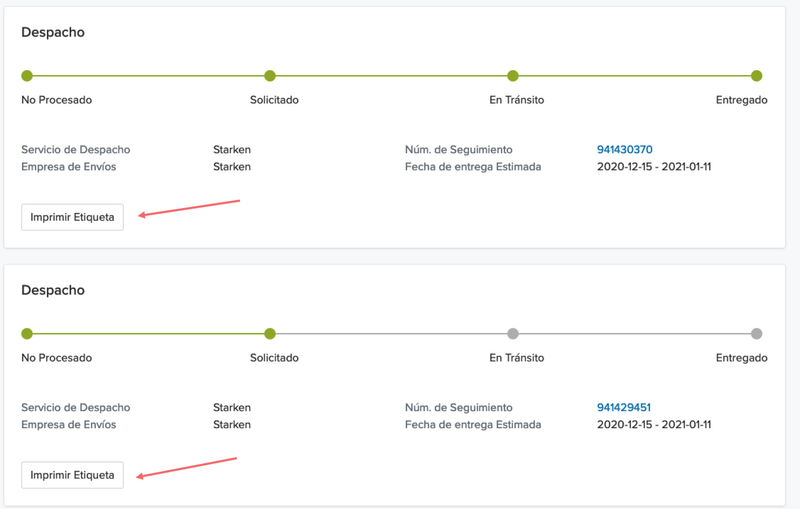 Imagen de múltiples etiquetas registradas para un pedido