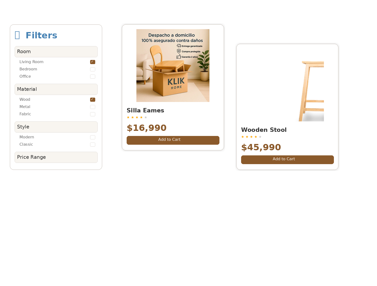 Variantes de producto para materiales, colores y dimensiones